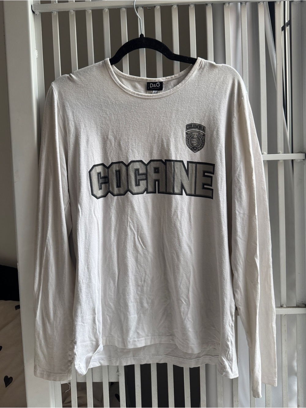 D&G White Long Sleeve Graphic Tee with 'COCAINE' Print